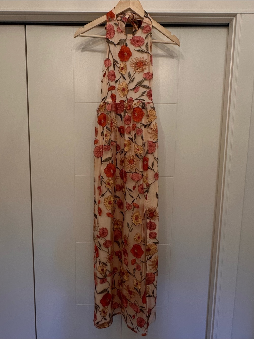 saltwater LUXE Cream Halter Maxi Dress with Red & Yellow Floral Embroidery